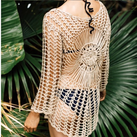 SOLD OUT CLEARANCE Khaki Boho Crochet Long Sleeve Coverup Tunic - Picture 2 of 2